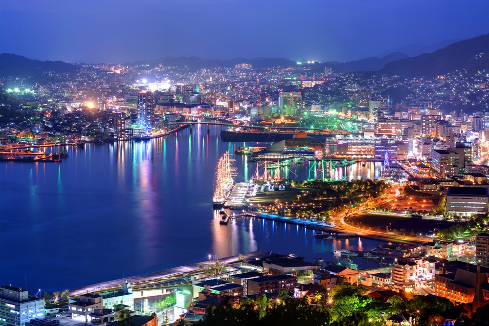 Night shot of Nagasaki bay, Nagasaki, Japan