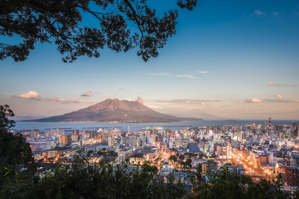 Twilight Sakurajima Volcano and Kagoshima City View from Shiroyama Viewpoint, Yakushima Island,