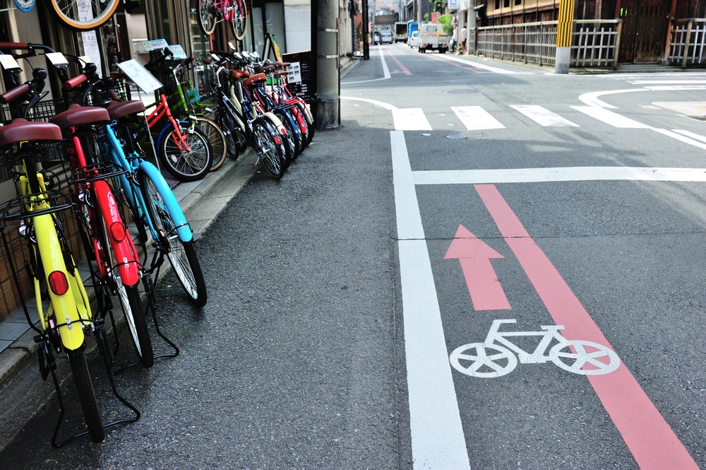 Bicycle lane on the road in Kyoto area