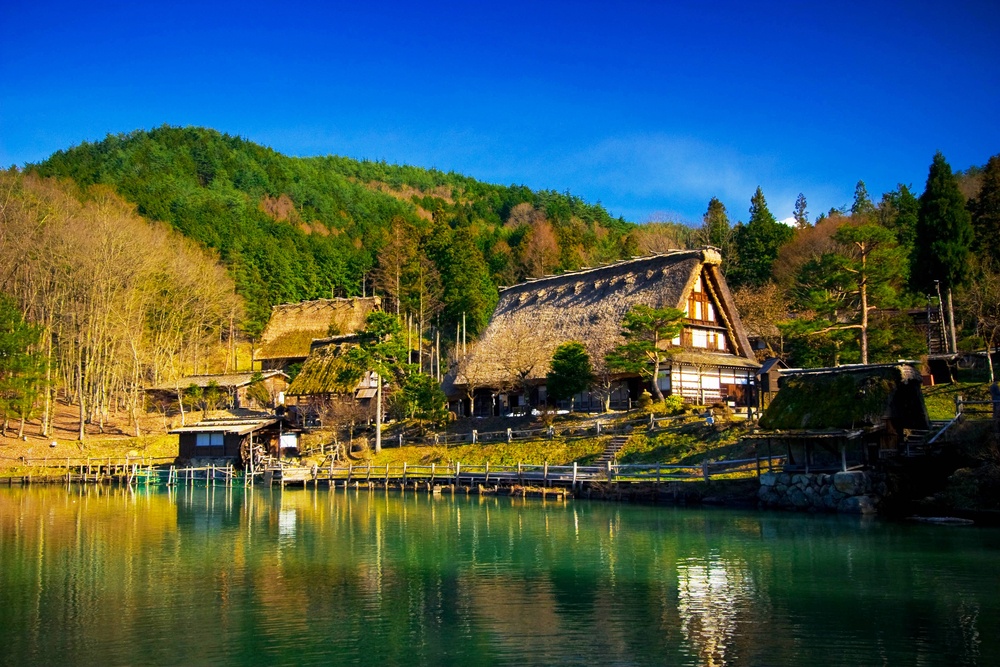 Hida Folk Village (Hida No Sato) with blue sky in spring season, Takayama, Japan