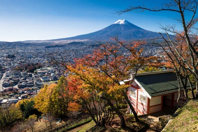 Autumn scene of Mount Fuji and Fujiyoshida city from Arakurayama sengen park, Yamanashi, Japan